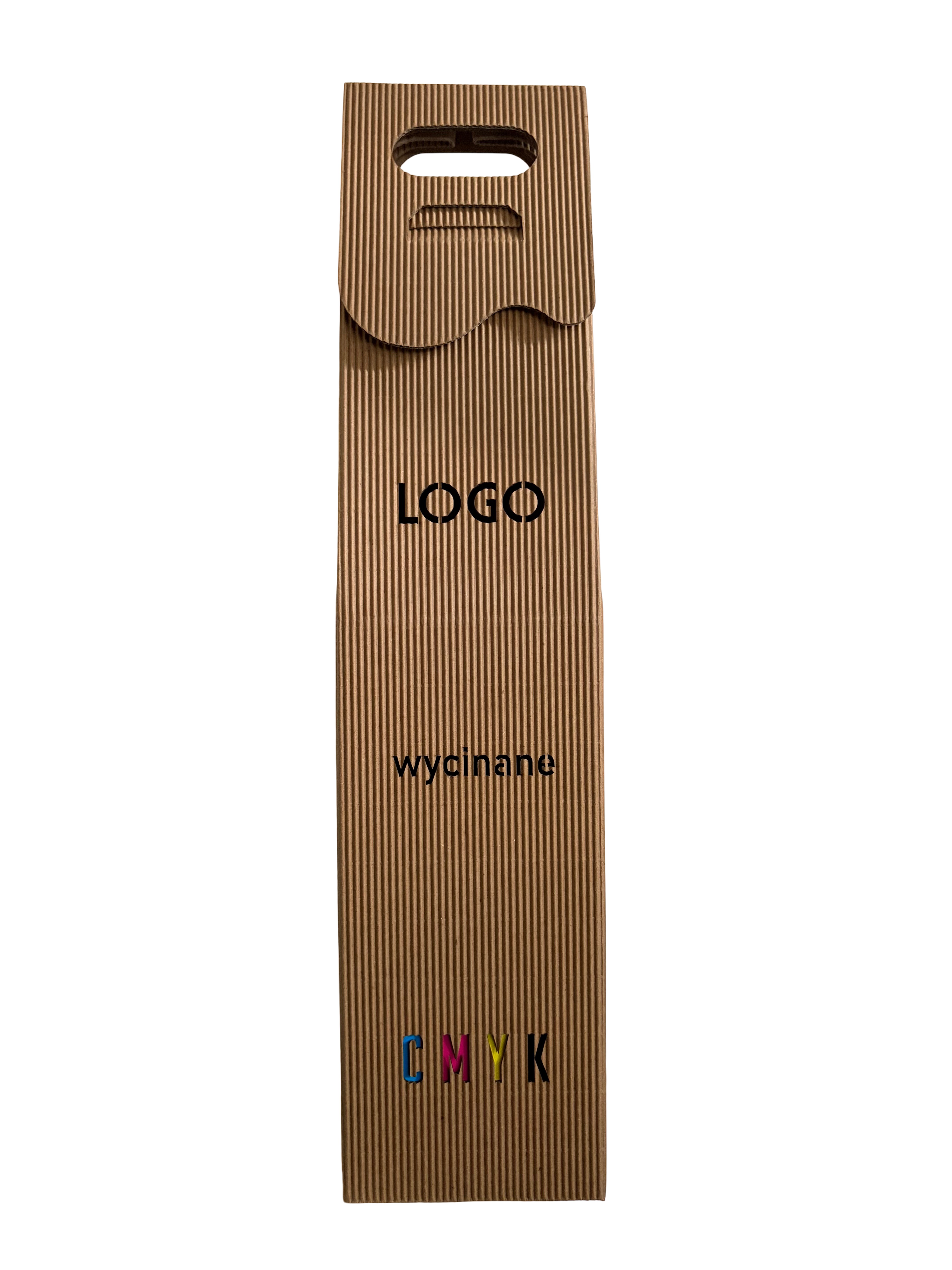 Pudełko na wino W1 — widok frontu z napisem LOGO i CMYK, tektura kraft pionowa
